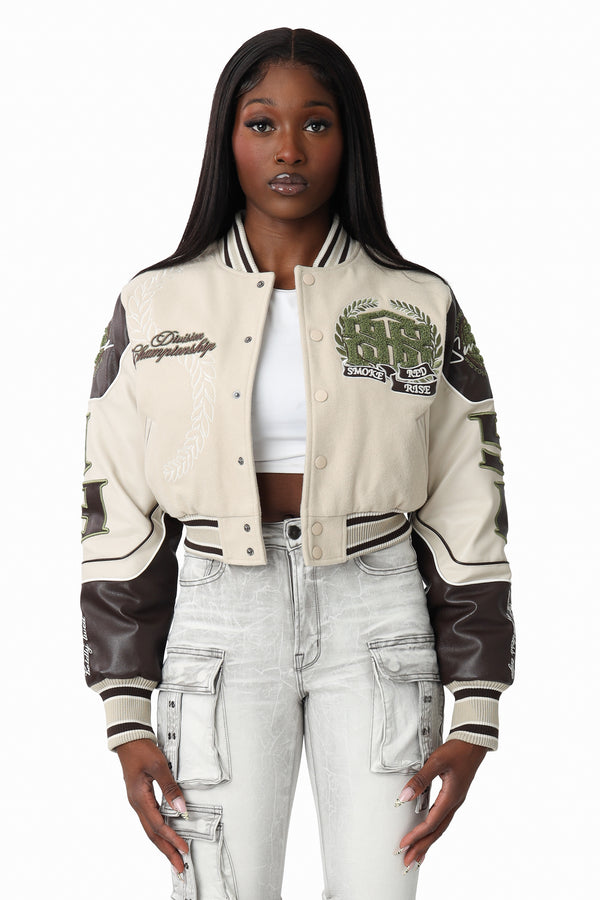 Embroidered Varsity Jacket - Oyster Grey
