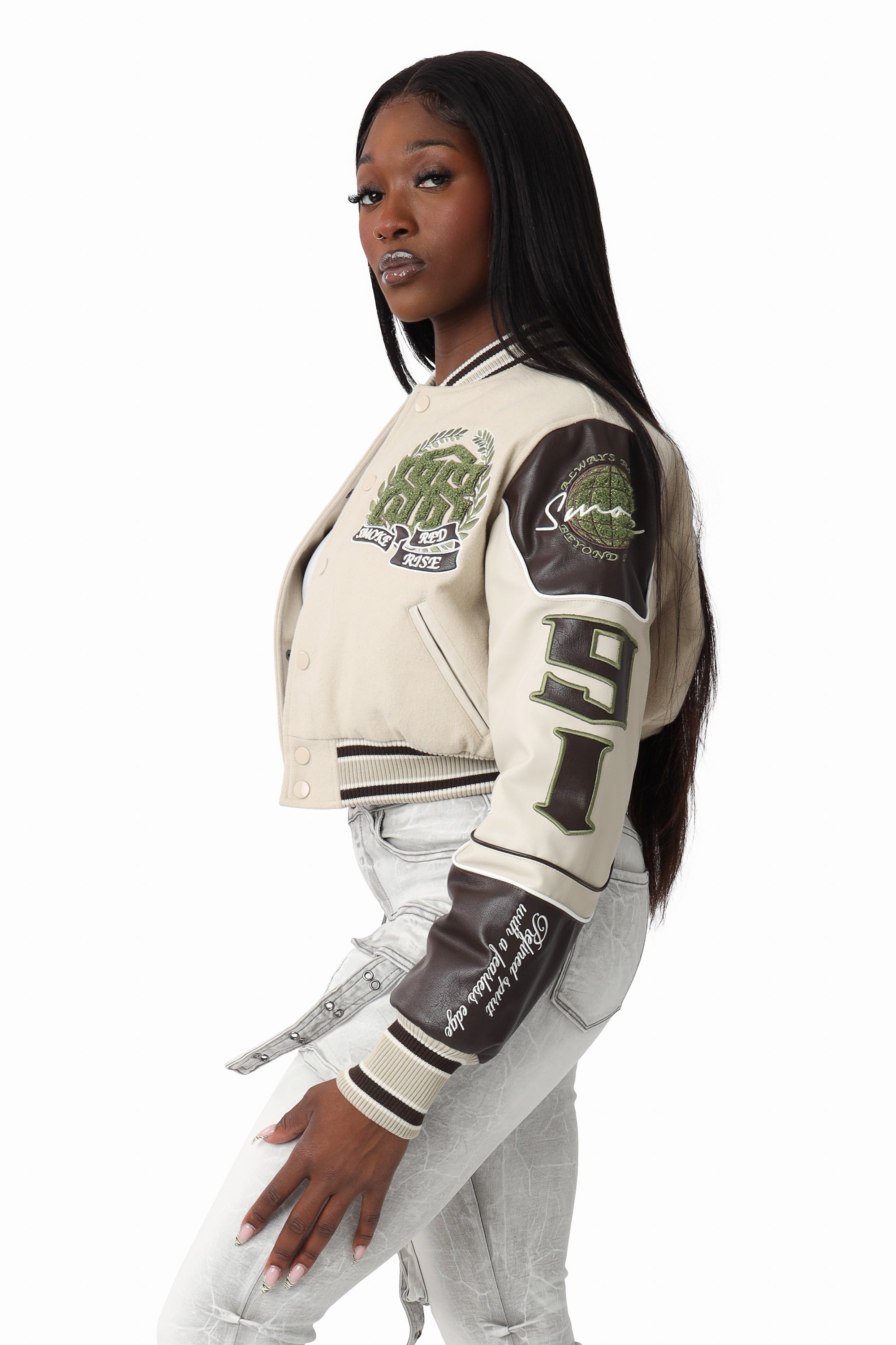 Embroidered Varsity Jacket - Oyster Grey