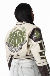 Embroidered Varsity Jacket - Oyster Grey