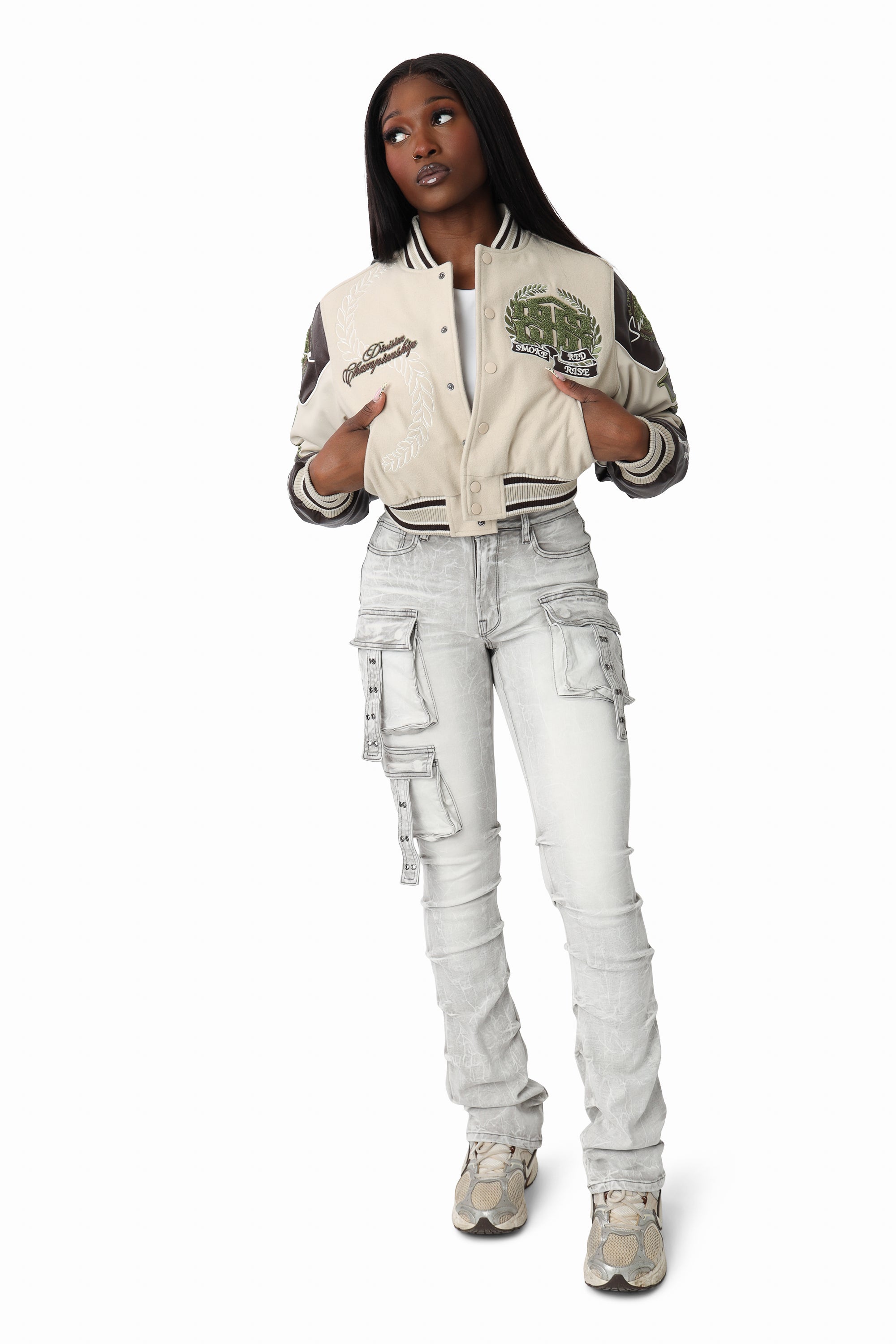 Embroidered Varsity Jacket - Oyster Grey