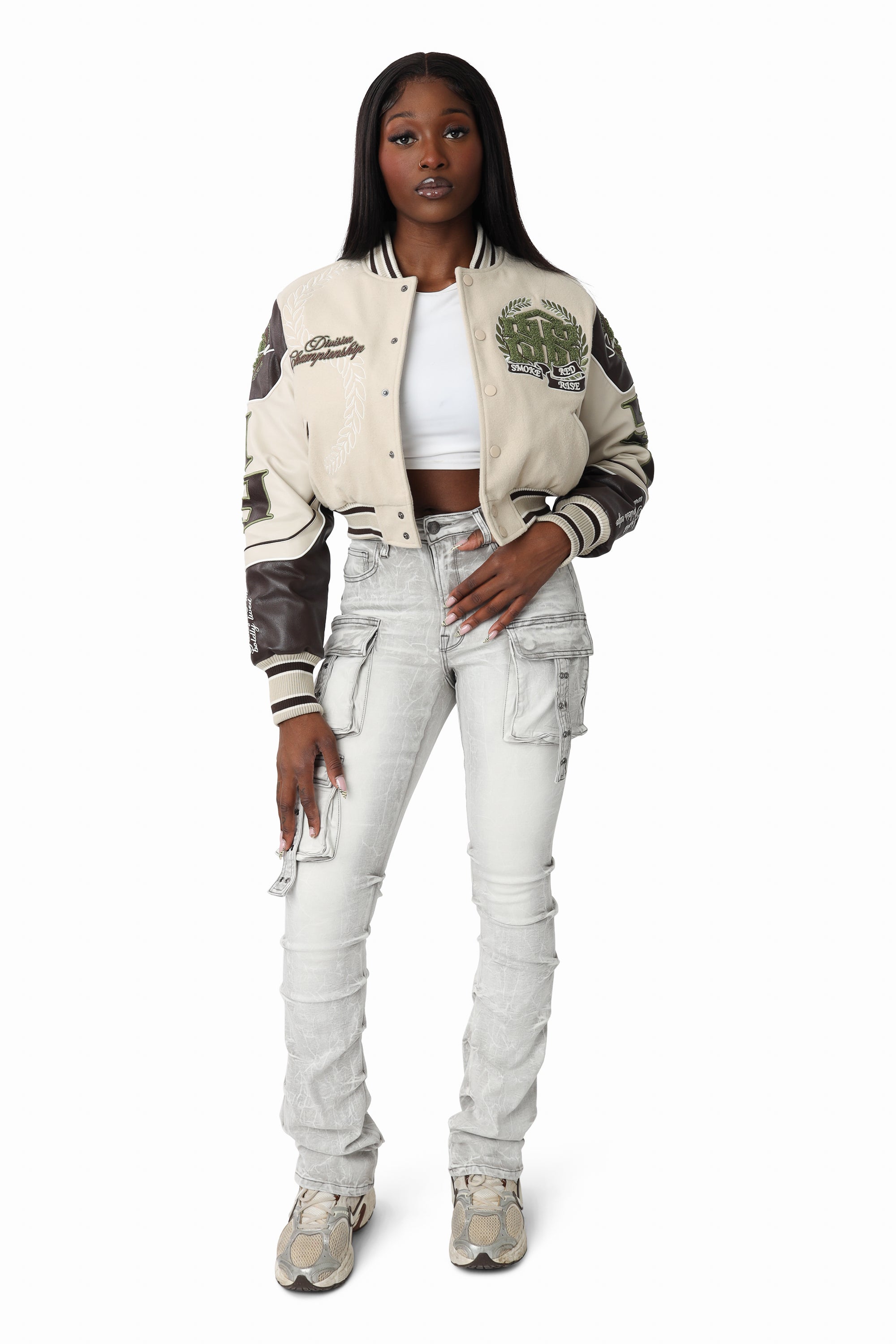 Embroidered Varsity Jacket - Oyster Grey