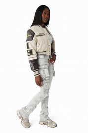 Embroidered Varsity Jacket - Oyster Grey