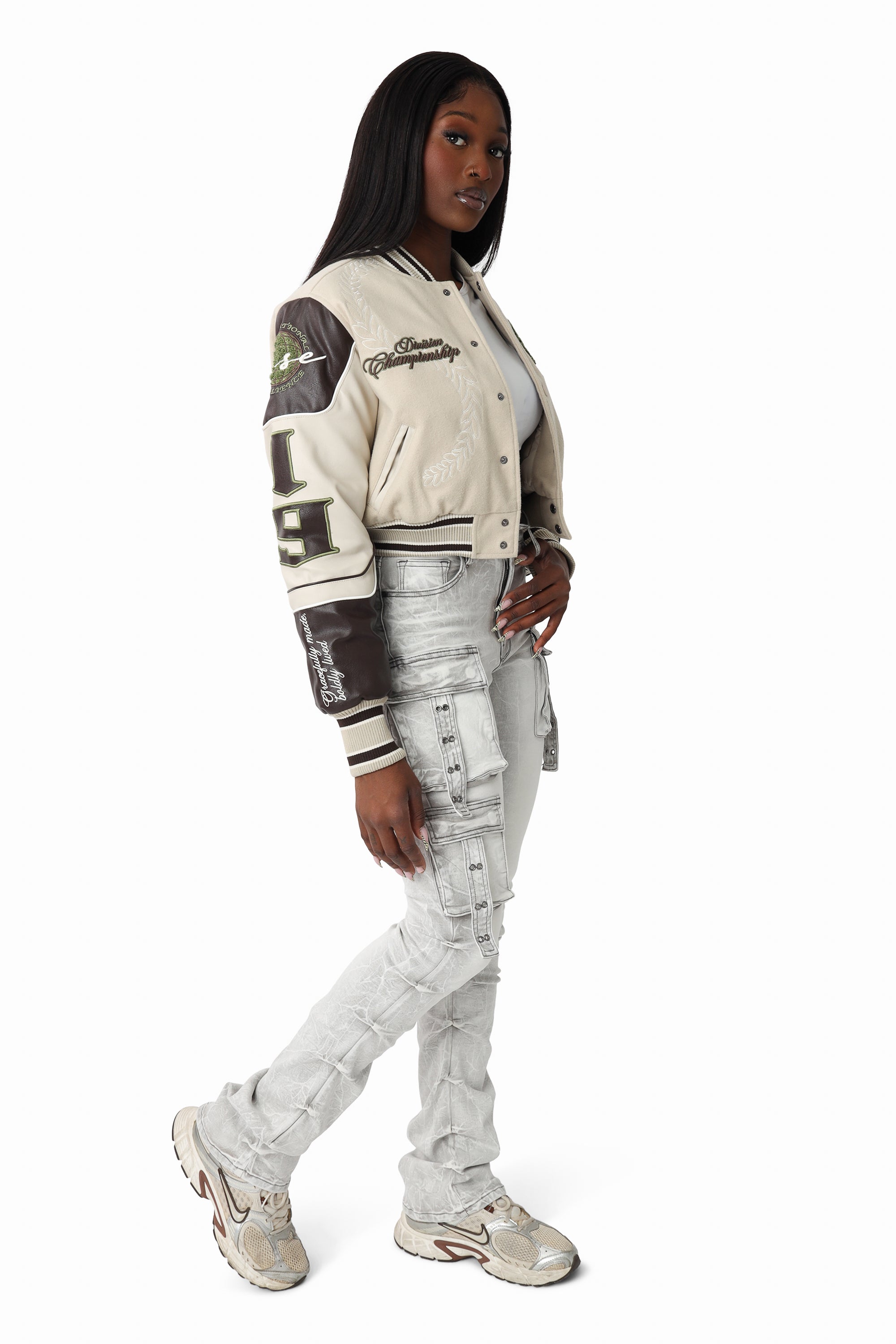 Embroidered Varsity Jacket - Oyster Grey