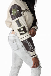 Embroidered Varsity Jacket - Oyster Grey
