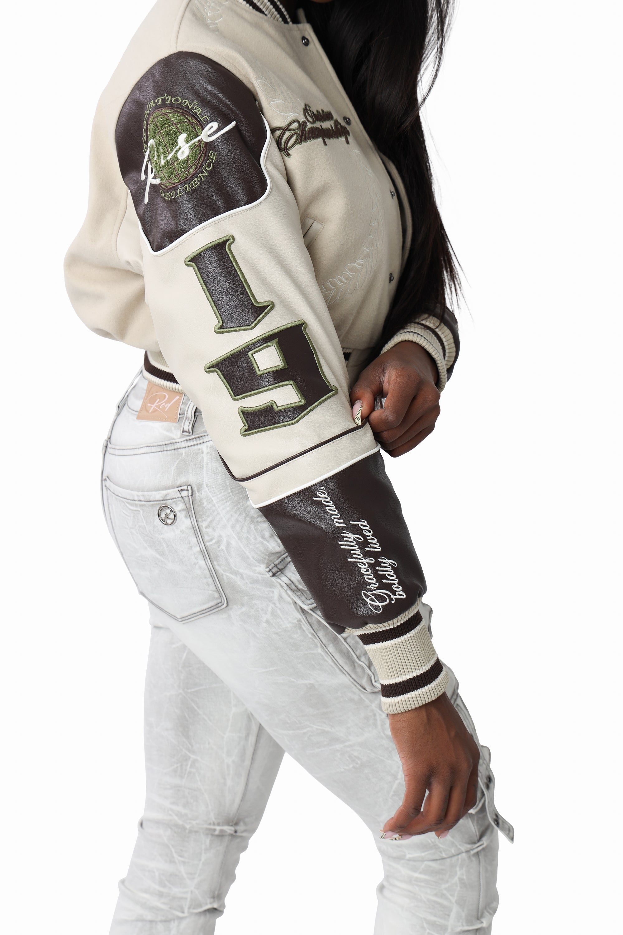 Embroidered Varsity Jacket - Oyster Grey