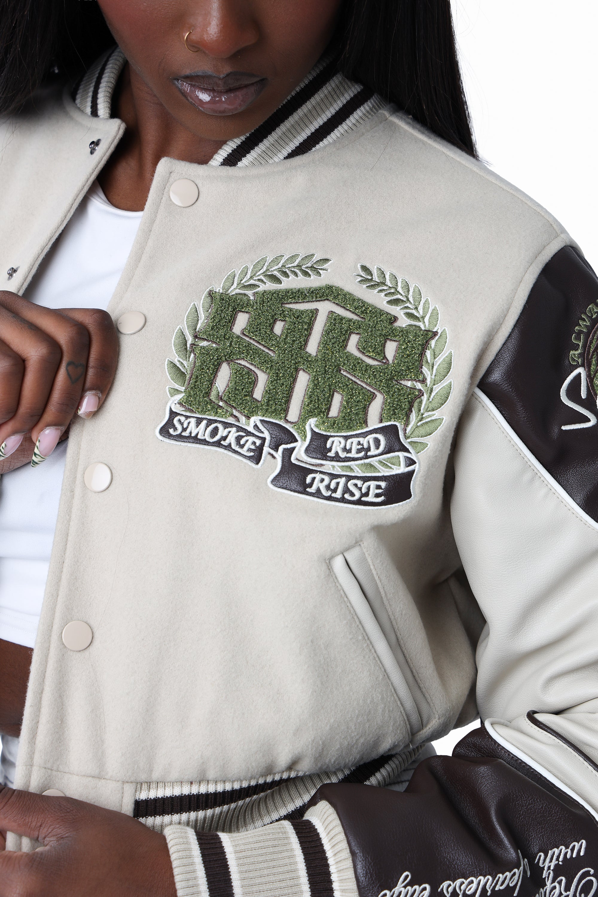 Embroidered Varsity Jacket - Oyster Grey