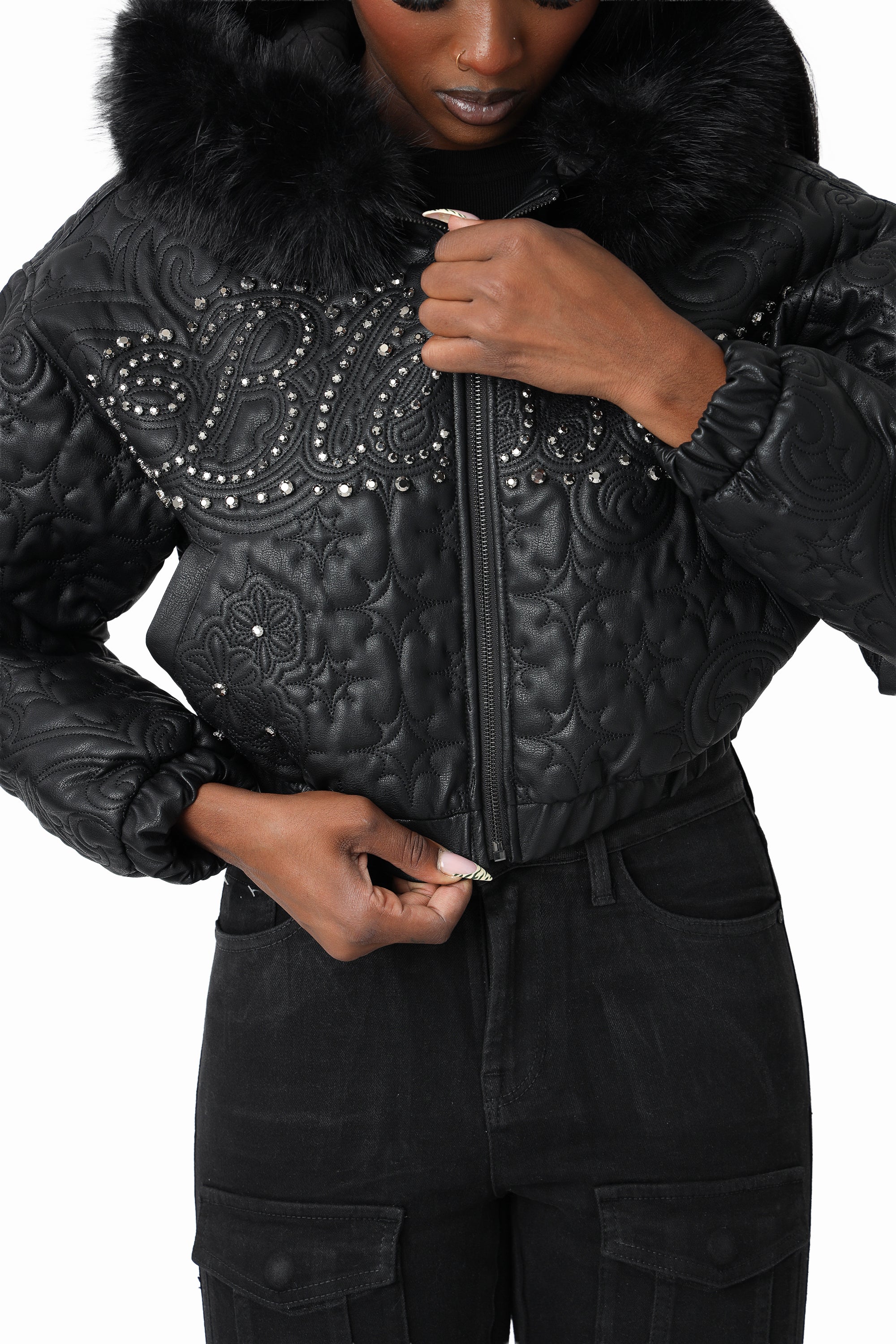 Quilted PU Jacket - Black