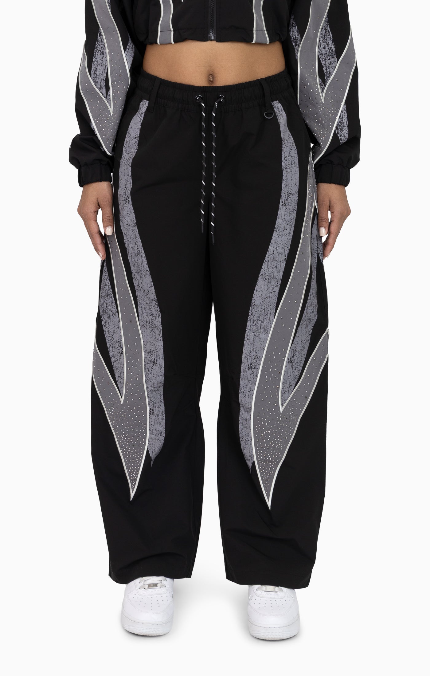 Rhinestone Panel Windbreaker Pants - Black