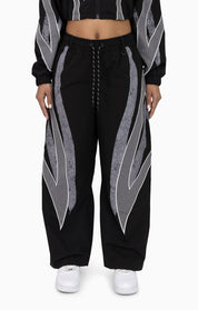 Rhinestone Panel Windbreaker Pants - Black