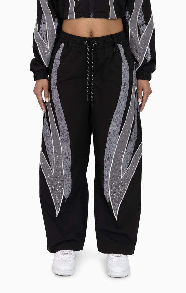 Rhinestone Panel Windbreaker Pants - Black