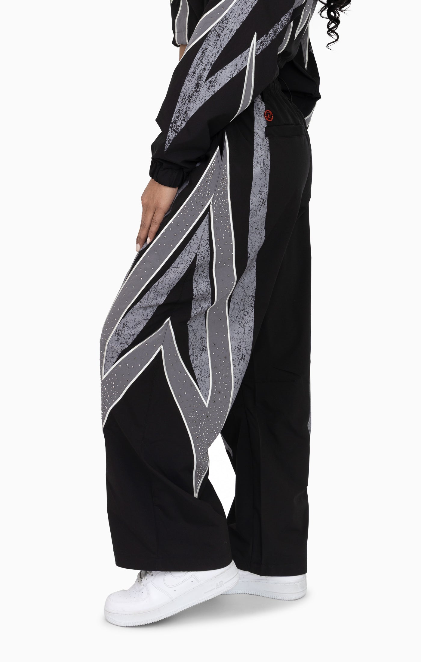 Rhinestone Panel Windbreaker Pants - Black
