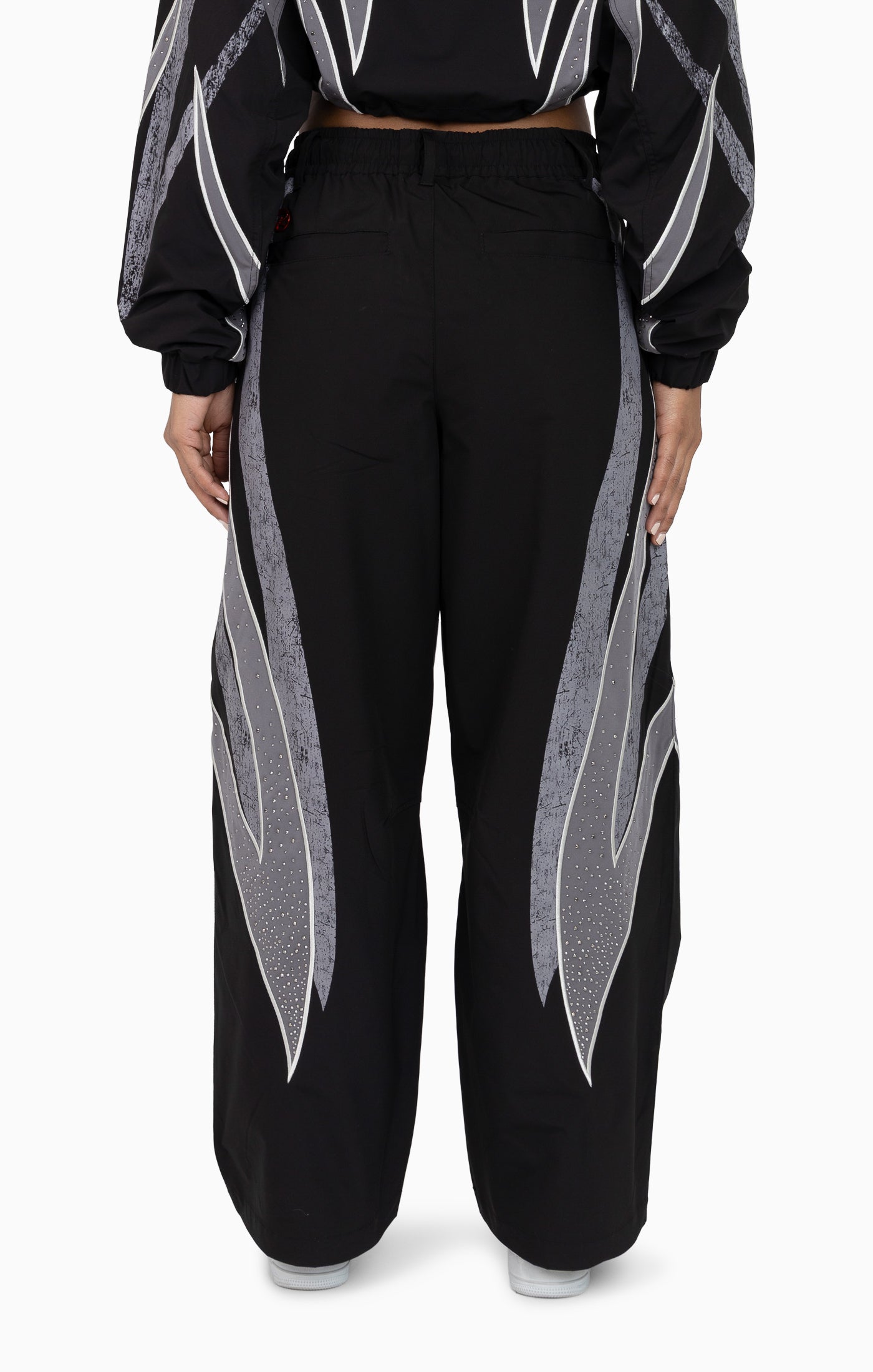 Rhinestone Panel Windbreaker Pants - Black