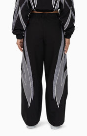 Rhinestone Panel Windbreaker Pants - Black