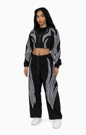 Rhinestone Panel Windbreaker Pants - Black