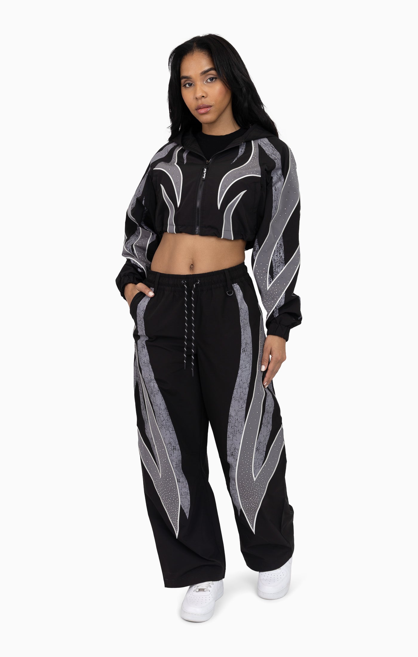 Rhinestone Panel Windbreaker Pants - Black