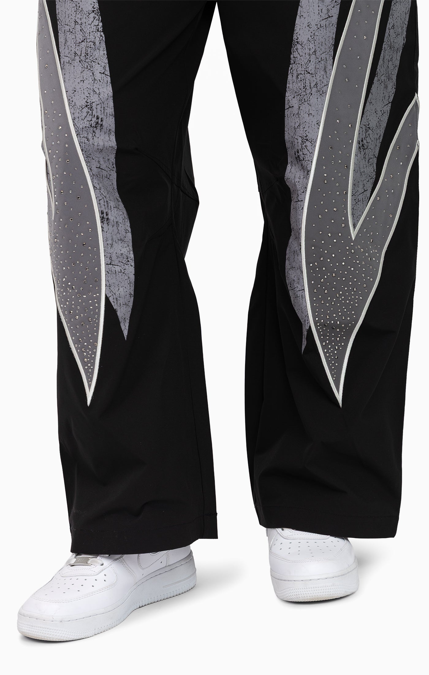 Rhinestone Panel Windbreaker Pants - Black