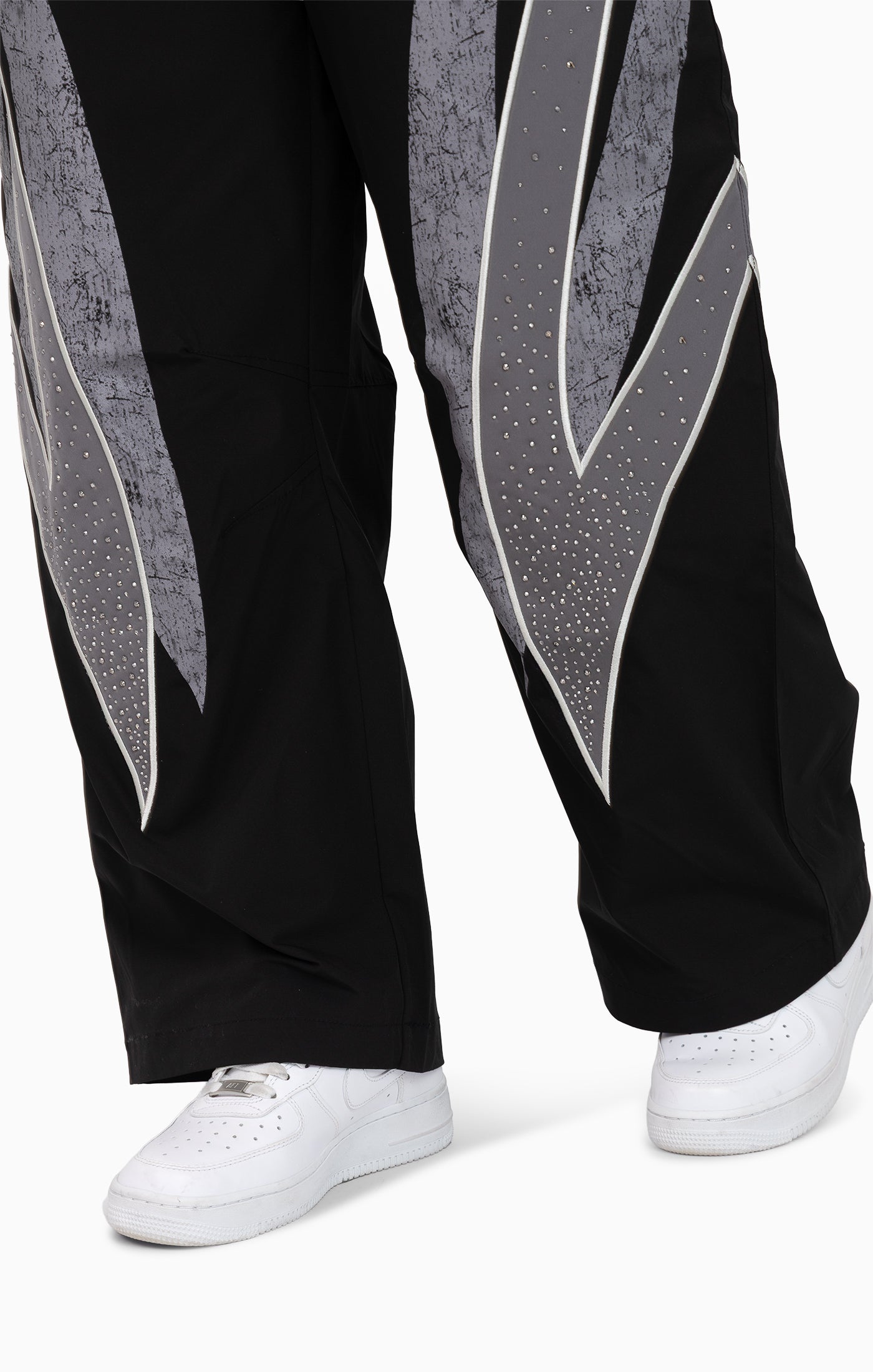 Rhinestone Panel Windbreaker Pants - Black