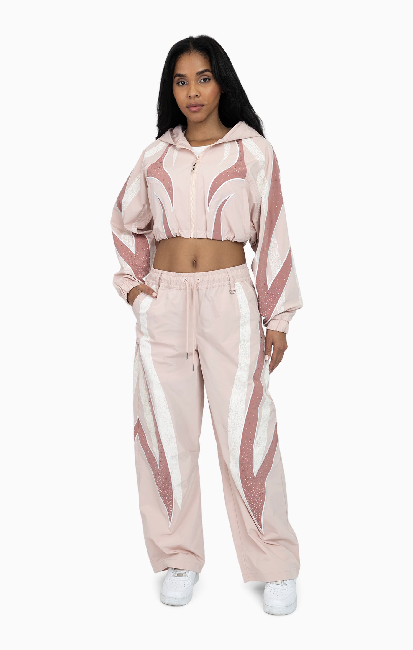 Rhinestone Panel Windbreaker Pants - Blush Powder