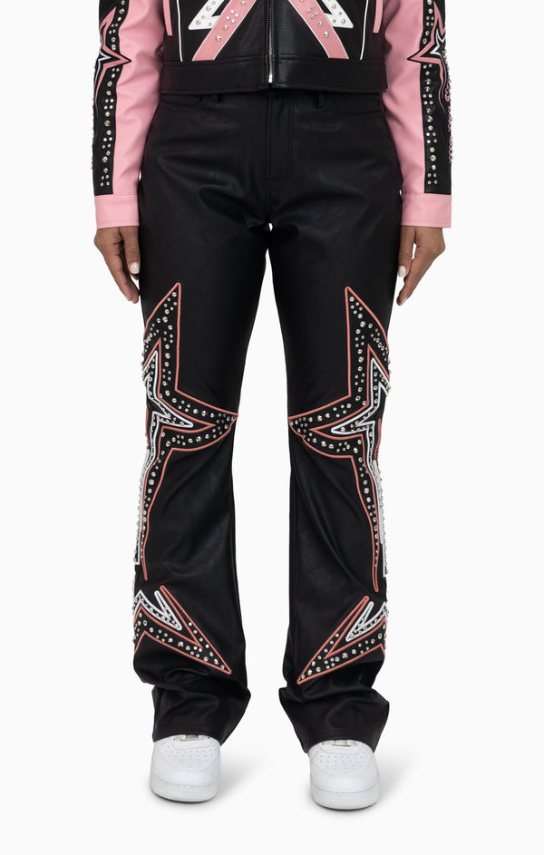 PU Leather Embellished Pants - Peony