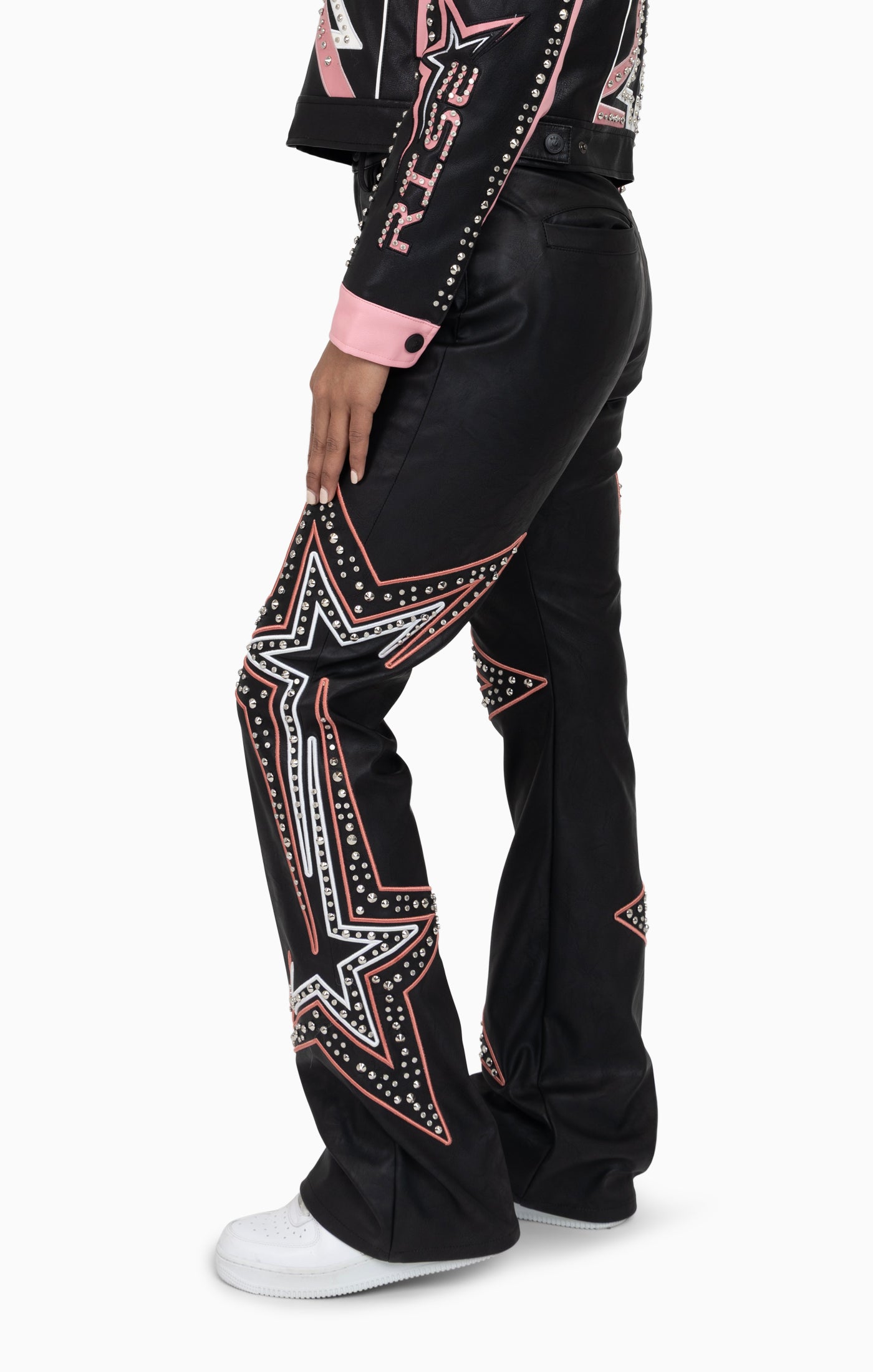 PU Leather Embellished Pants - Peony