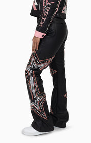 PU Leather Embellished Pants - Peony