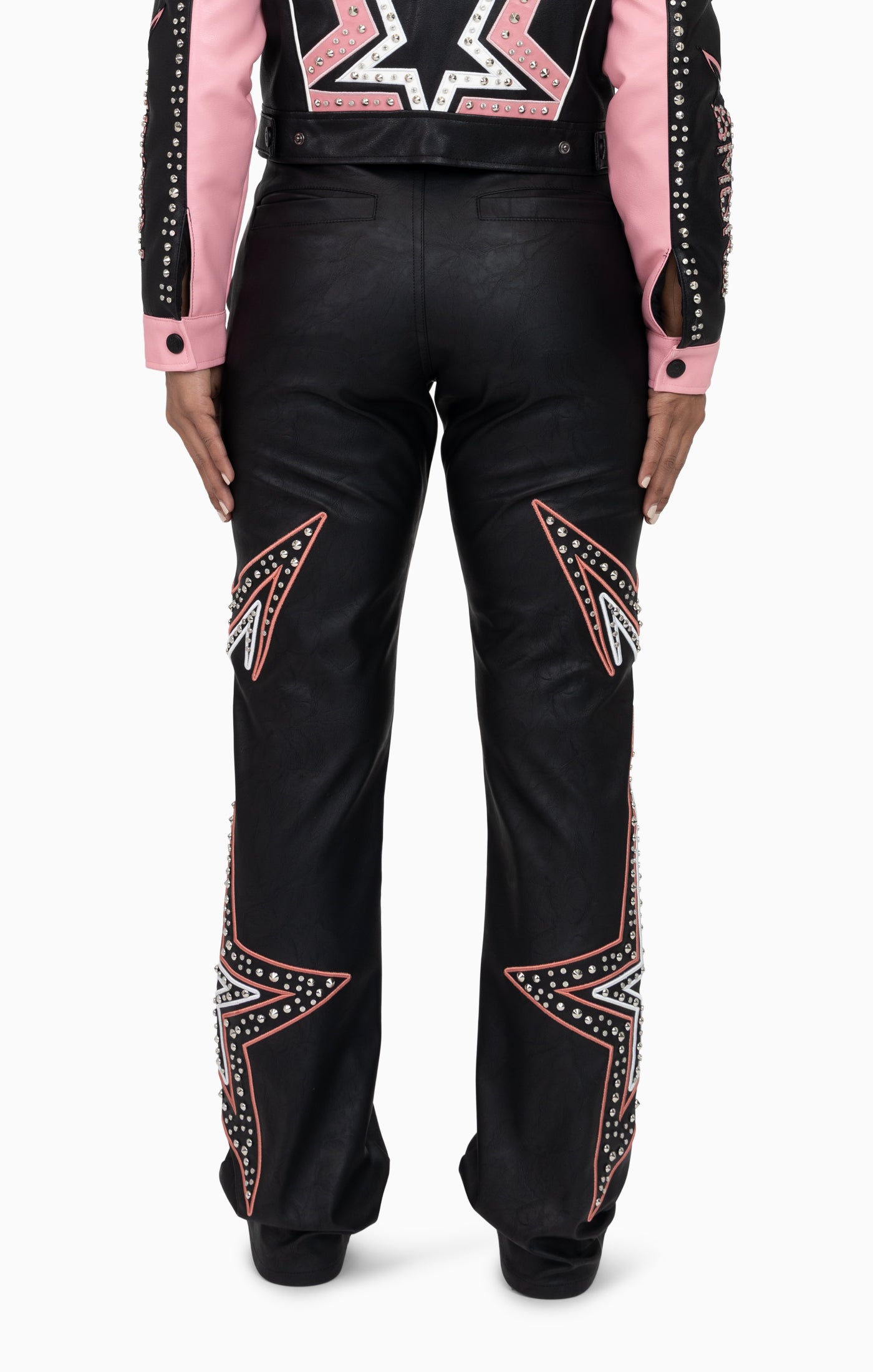 PU Leather Embellished Pants - Peony