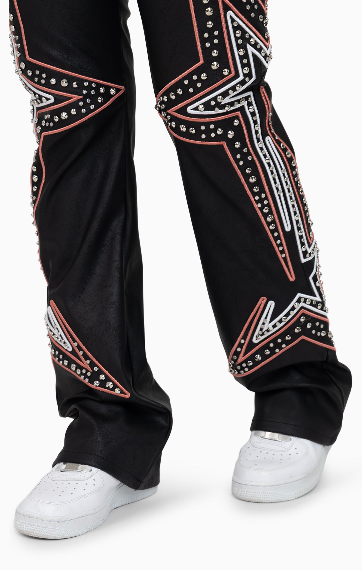 PU Leather Embellished Pants - Peony