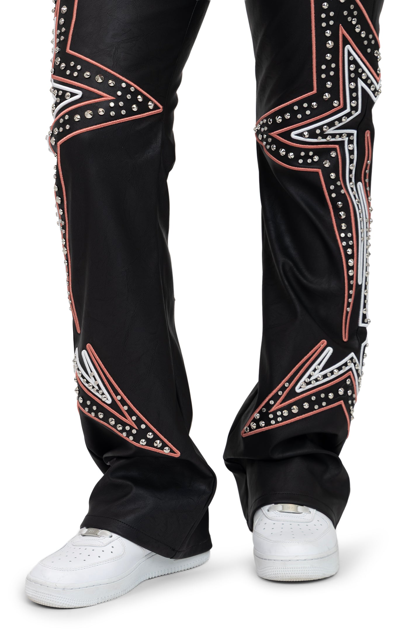 PU Leather Embellished Pants - Peony