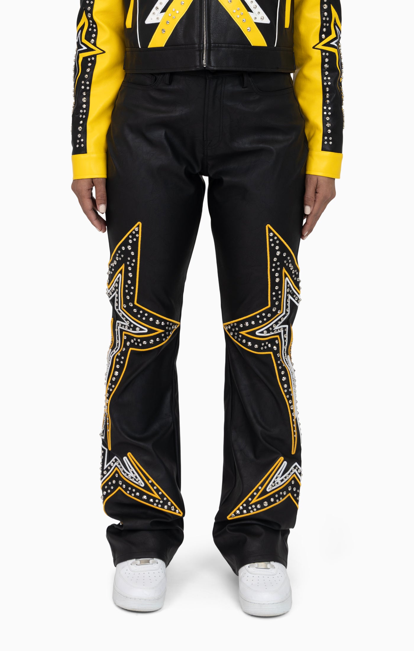 PU Leather Embellished Pants - Solar Power