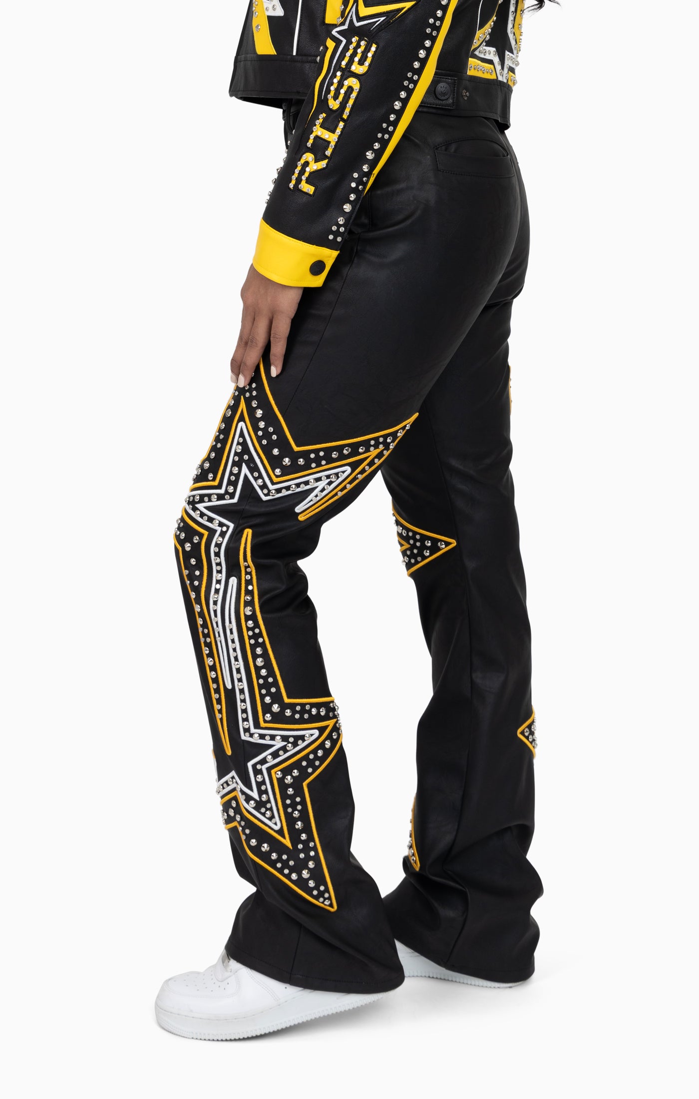 PU Leather Embellished Pants - Solar Power