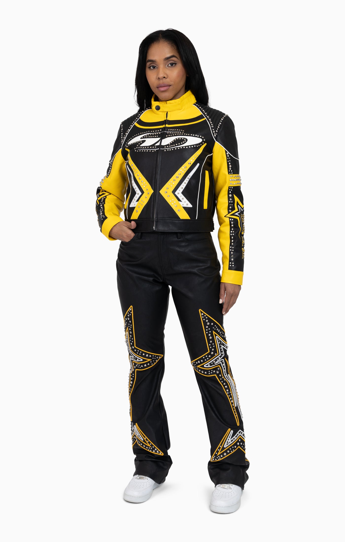 PU Leather Embellished Pants - Solar Power
