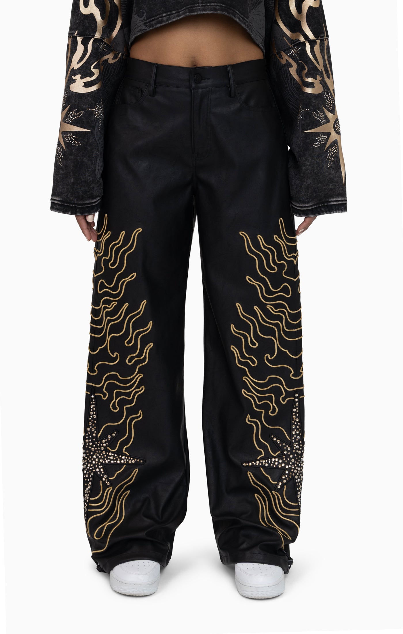 Embellished Embroidered PU Pants - Black