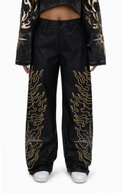 Embellished Embroidered PU Pants - Black