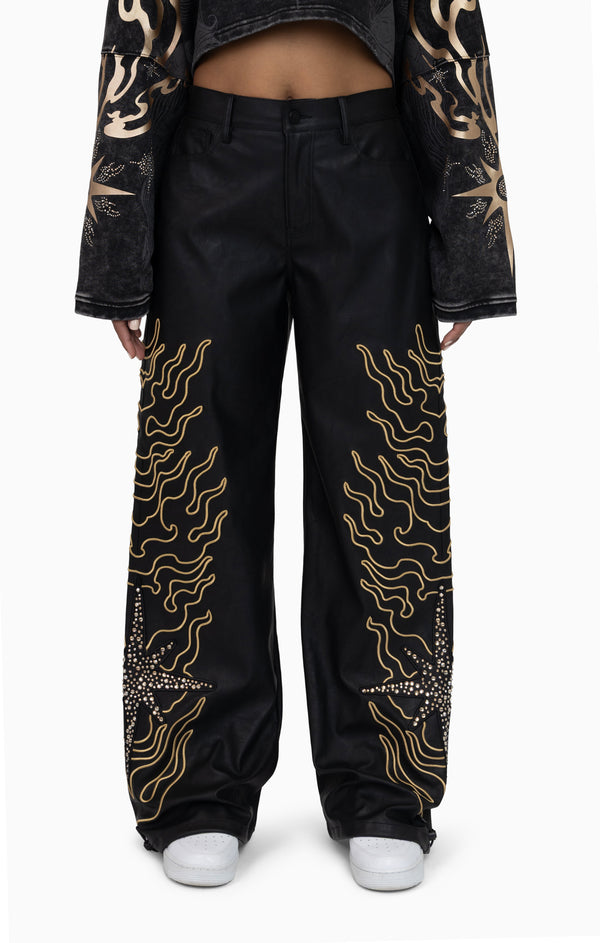 Embellished Embroidered PU Pants - Black