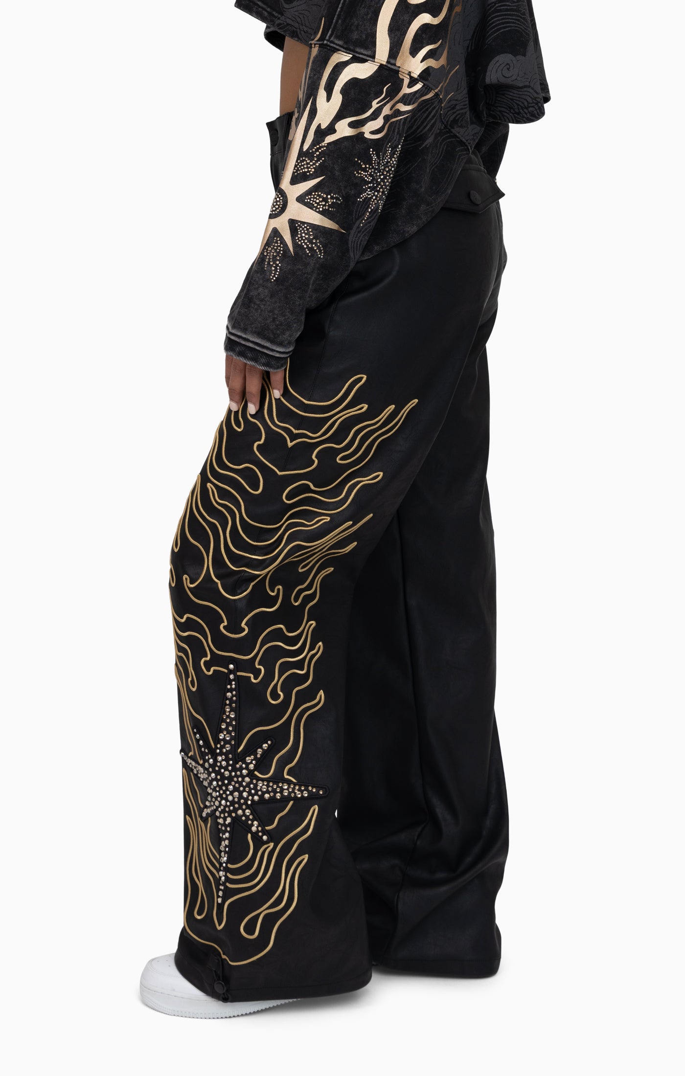 Embellished Embroidered PU Pants - Black