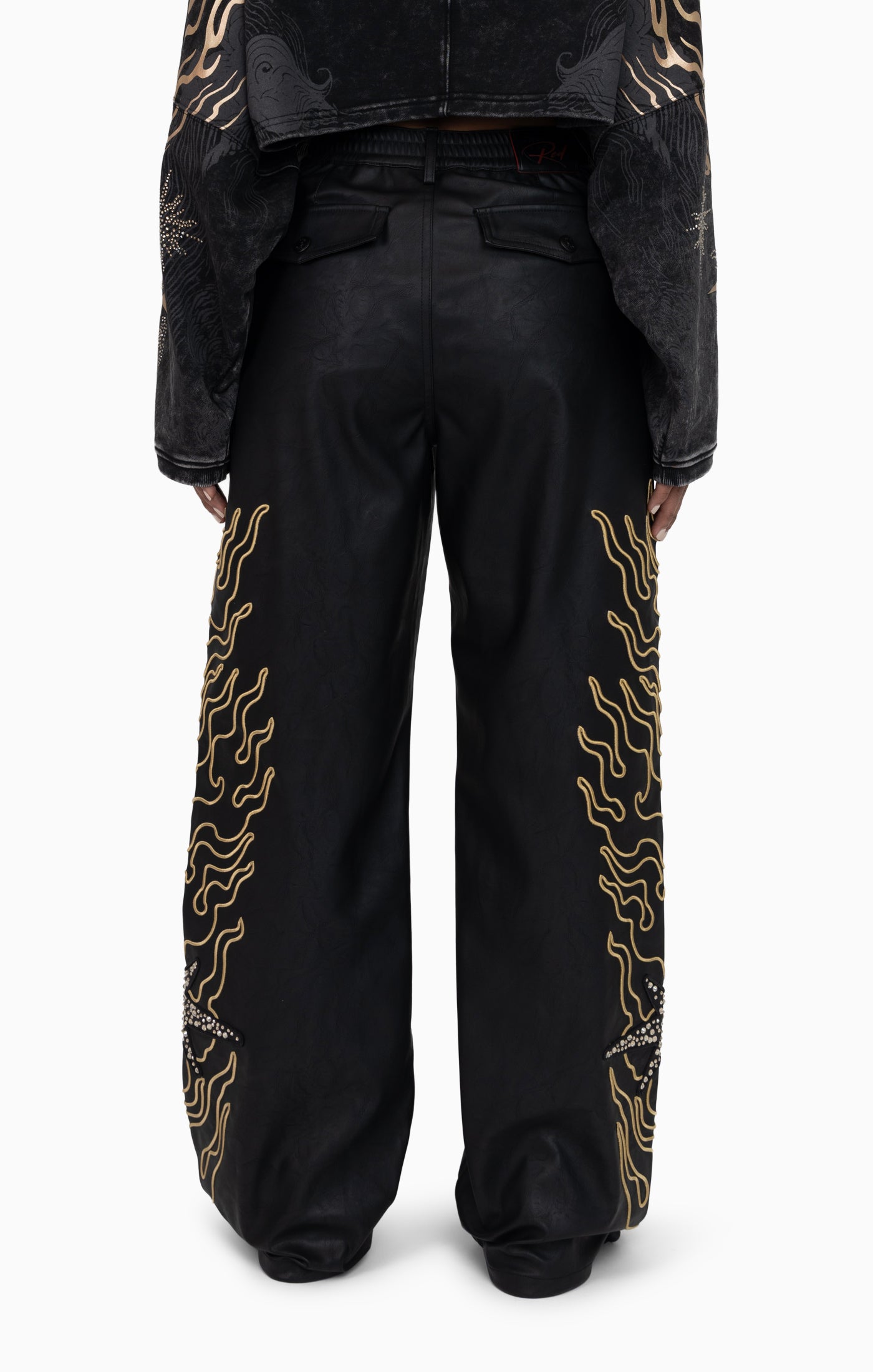 Embellished Embroidered PU Pants - Black