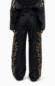 Embellished Embroidered PU Pants - Black