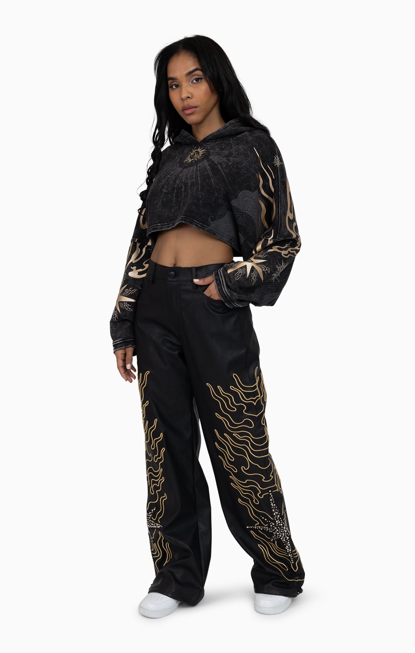 Embellished Embroidered PU Pants - Black