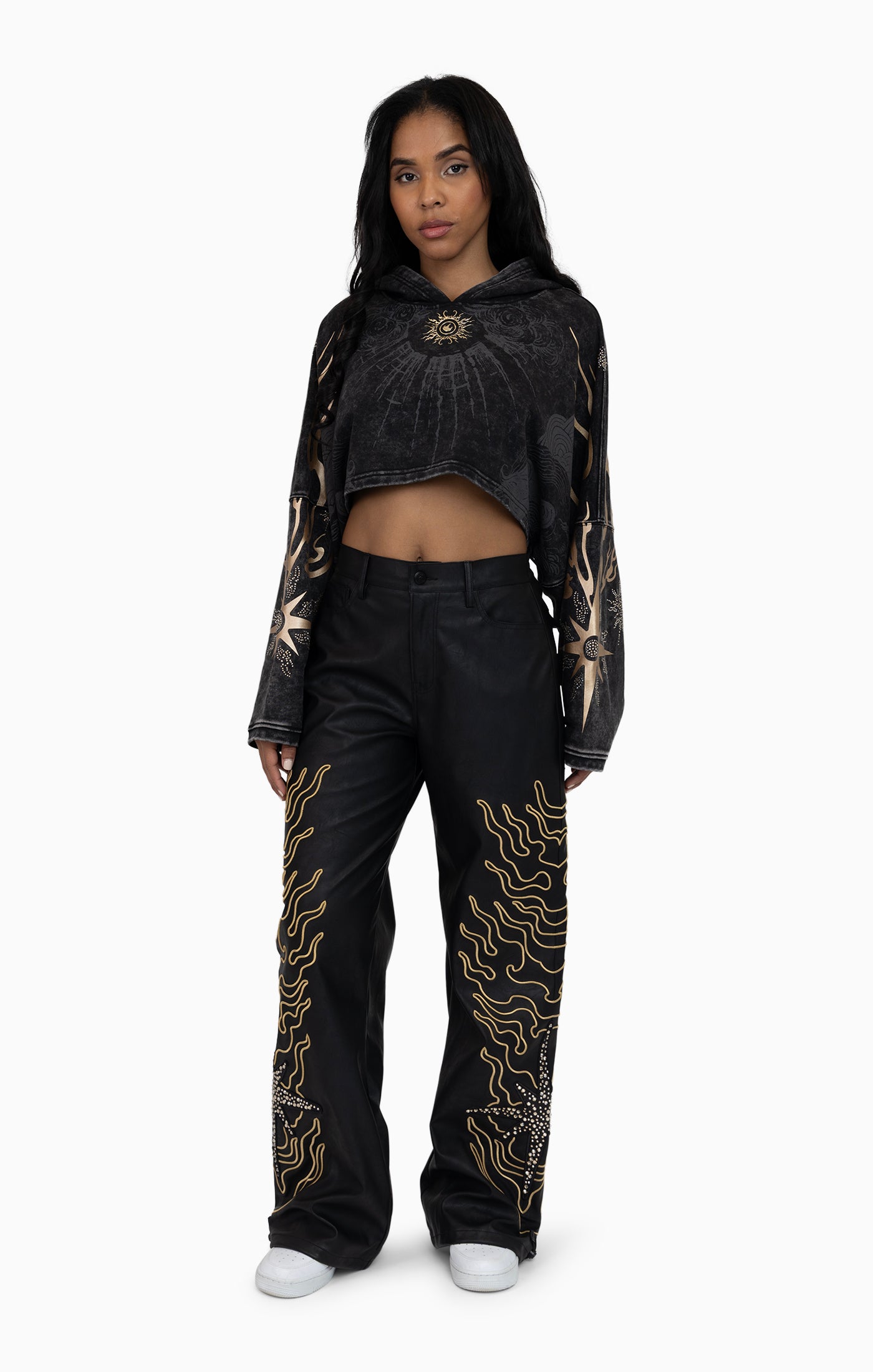 Embellished Embroidered PU Pants - Black