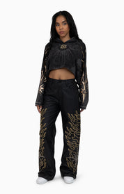 Embellished Embroidered PU Pants - Black