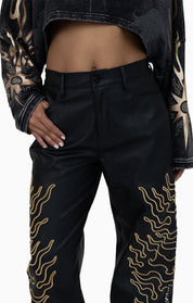 Embellished Embroidered PU Pants - Black