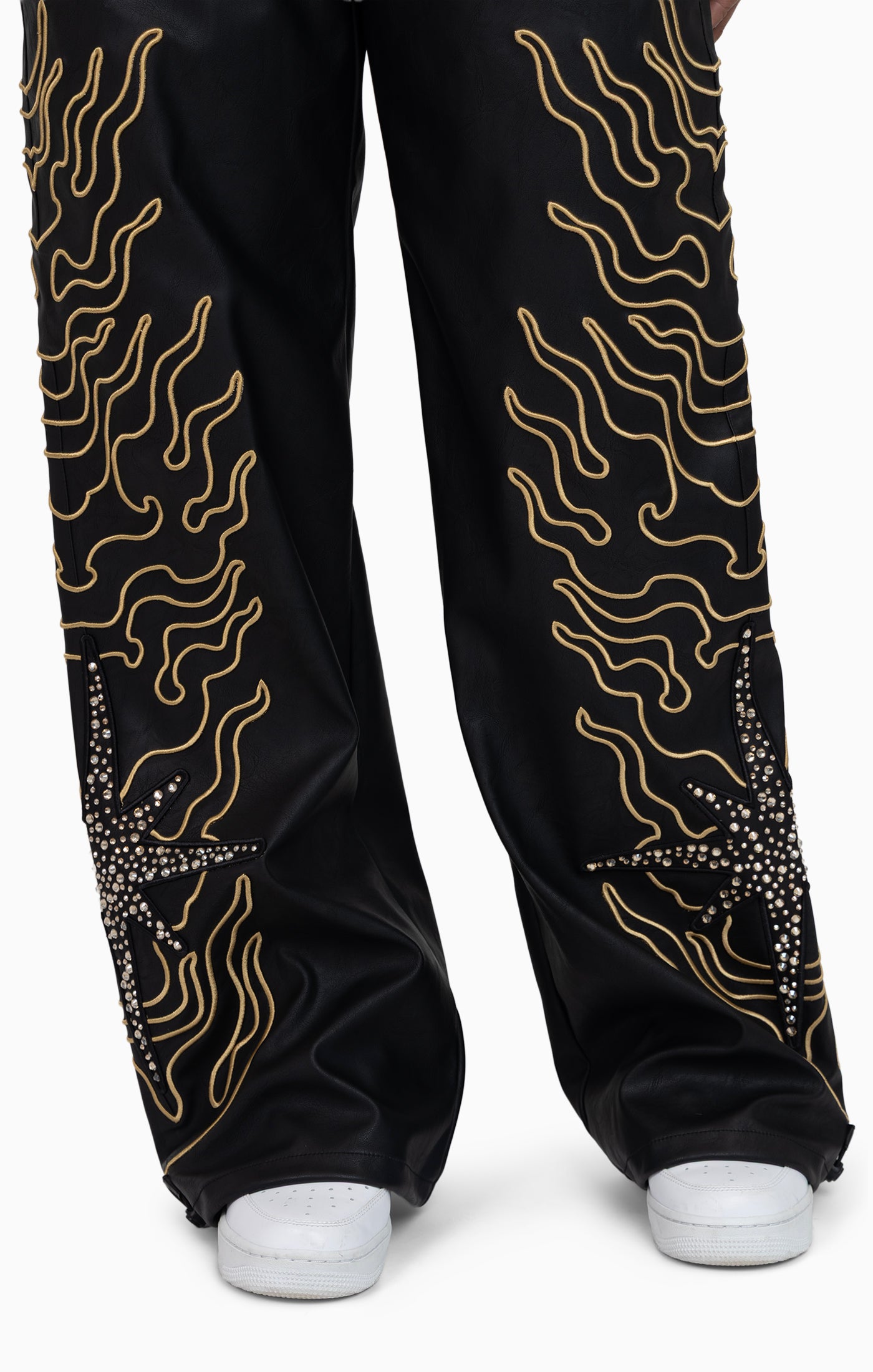 Embellished Embroidered PU Pants - Black
