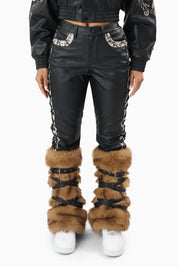 Faux Fur Trim PU Pants - Black