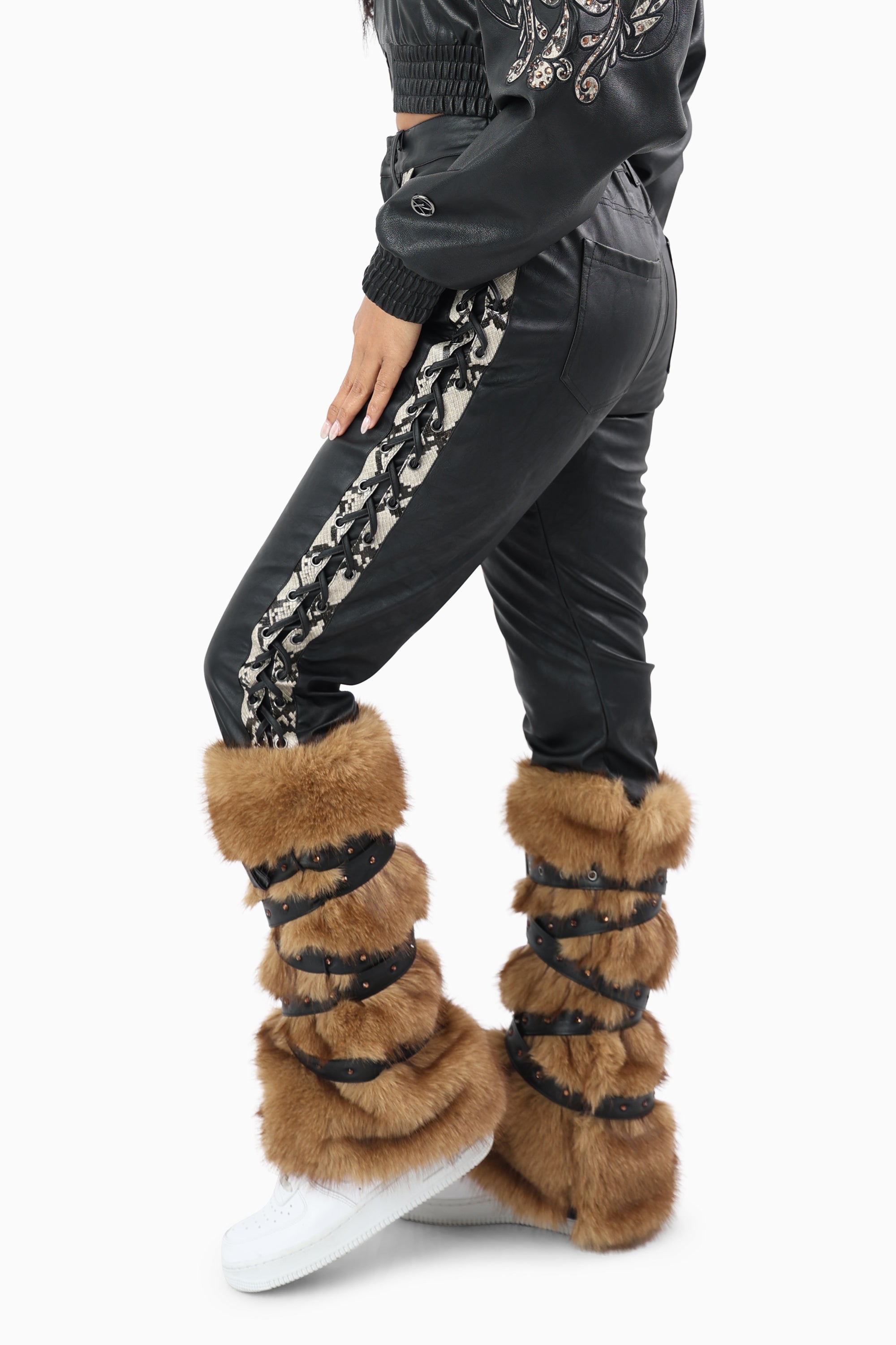 Faux Fur Trim PU Pants - Black