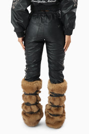 Faux Fur Trim PU Pants - Black