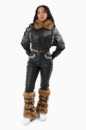 Faux Fur Trim PU Pants - Black