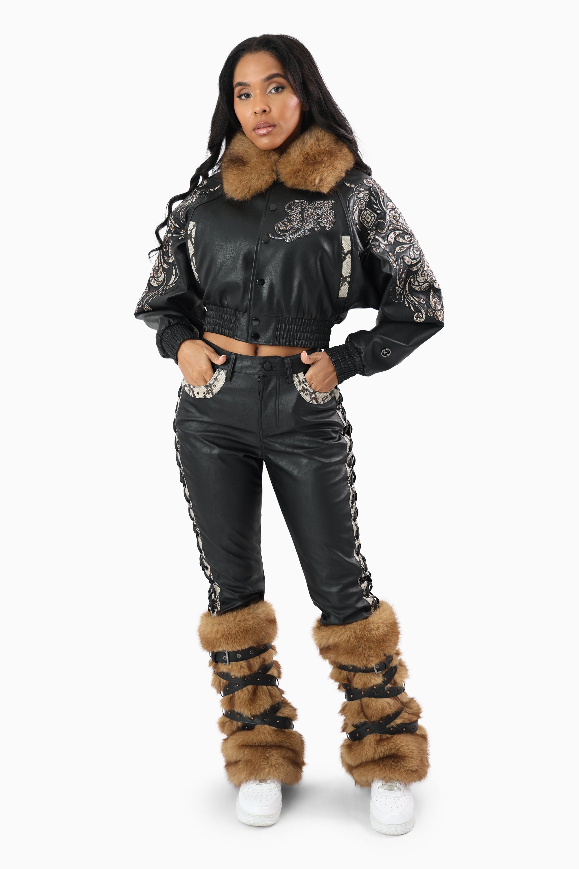 Faux Fur Trim PU Pants - Black