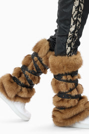 Faux Fur Trim PU Pants - Black