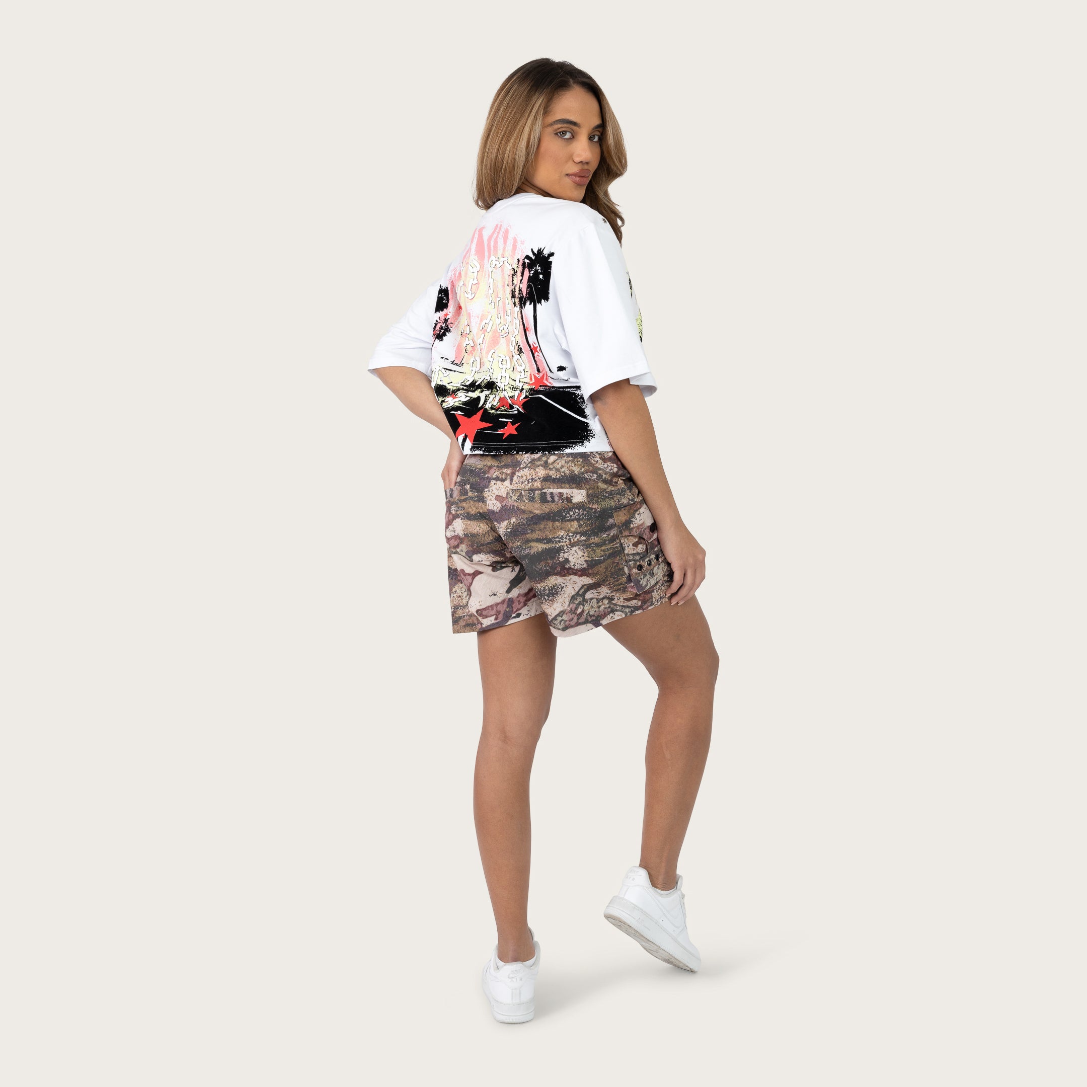 Slouched Windbreaker Cargo Shorts - Mauve Tigress Camo