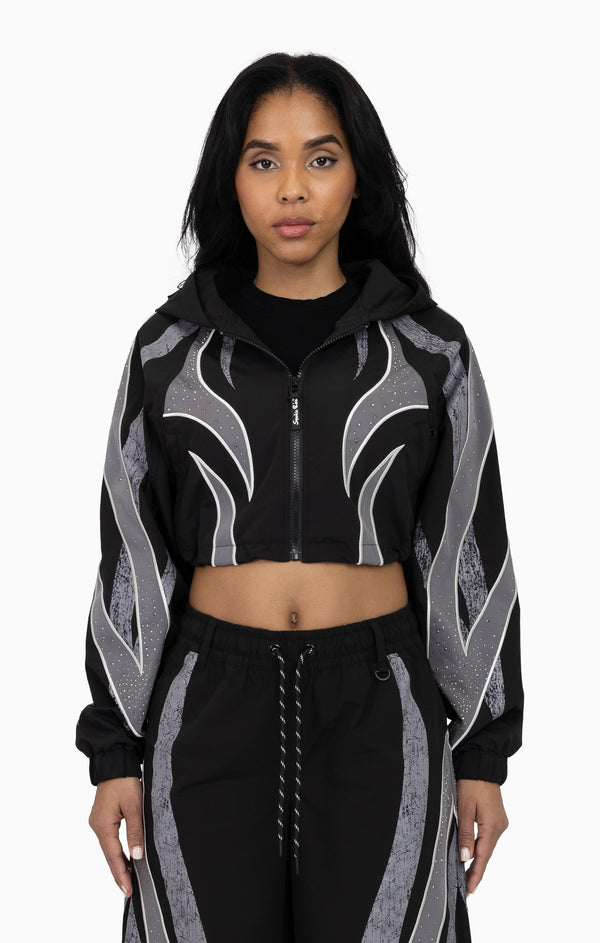 Rhinestone Panel Windbreaker Jacket - Black